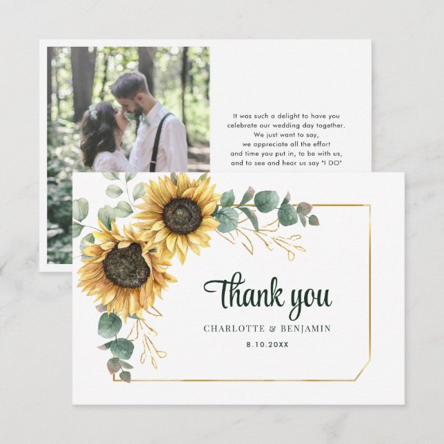 Carte De Remerciements Mariage botanique de tournesol d'aquarelle (Devant / Derrière)