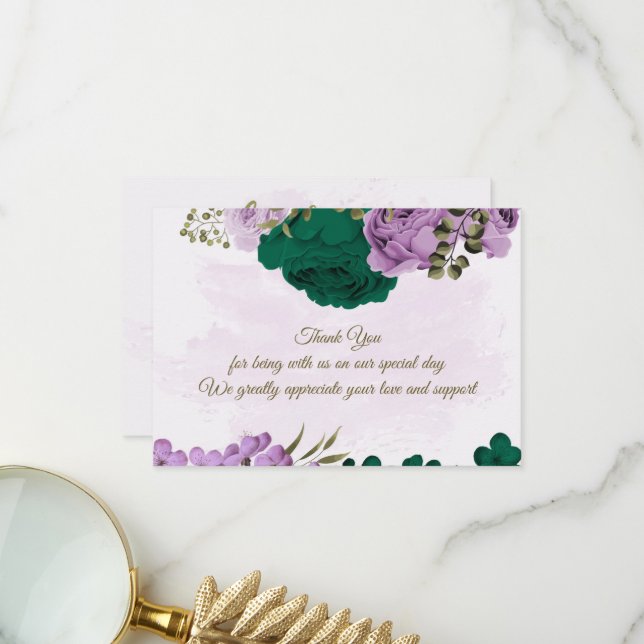 Carte De Remerciements mariage botanique des fleurs violettes vert émerau (Devant/Arrière en situation)