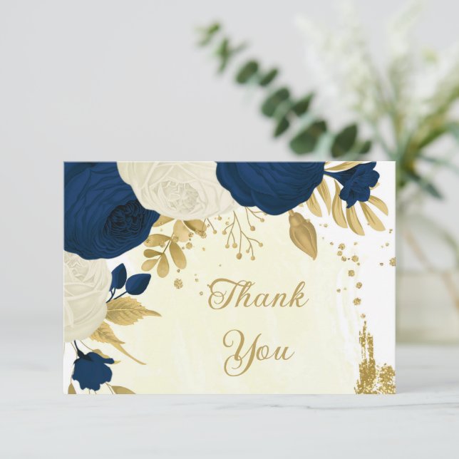 Carte De Remerciements mariage botanique naval & fleurs blanches or  (Debout devant)