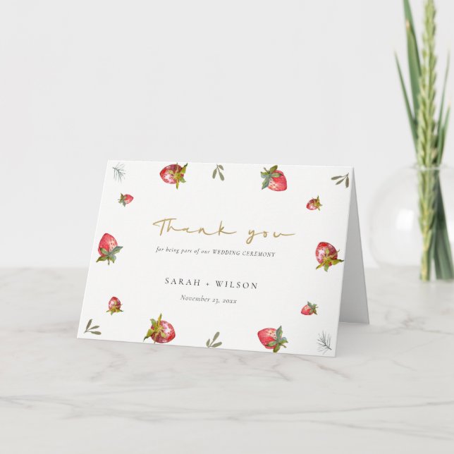 Carte De Remerciements Mariage botanique vert mou à la fraise rouge (Devant)