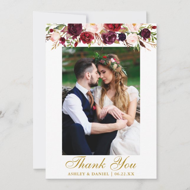 Carte De Remerciements Mariage Bourgogne Floral Photo Gold (Devant)