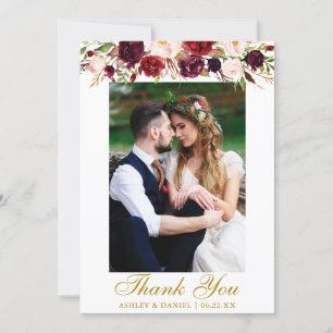 Carte De Remerciements Mariage Bourgogne Floral Photo Gold