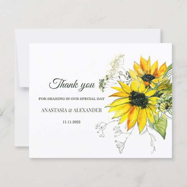 Carte de remerciements Mariage Budget Sunflower. (Devant)