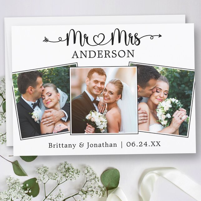 Carte De Remerciements Mariage Calligraphie Coeur M et Mme 3 Photos (Customize to change your personalized text size or text style.)