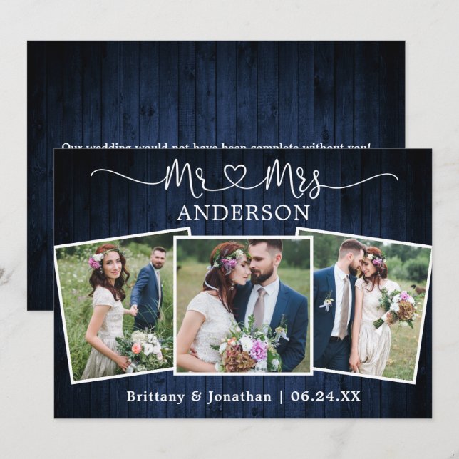 Carte De Remerciements Mariage Calligraphie Coeur M. Mme 3 Photo Bois (Devant / Derrière)