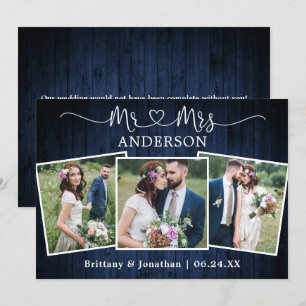 Carte De Remerciements Mariage Calligraphie Coeur M. Mme 3 Photo Bois