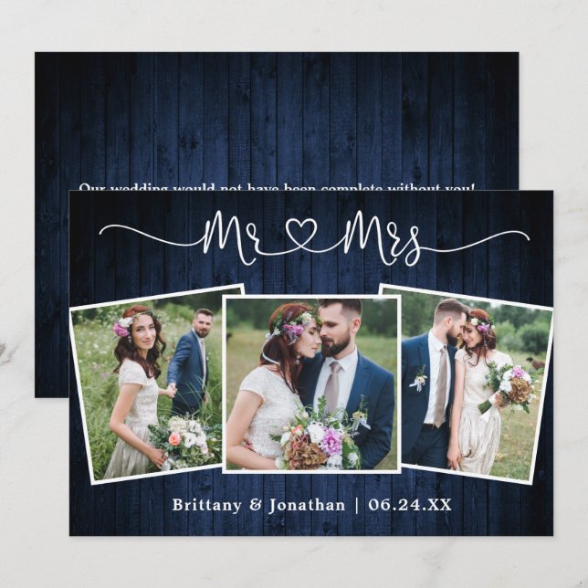 Carte De Remerciements Mariage Calligraphie Coeur M. Mme Wood 3 Photo (Devant / Derrière)