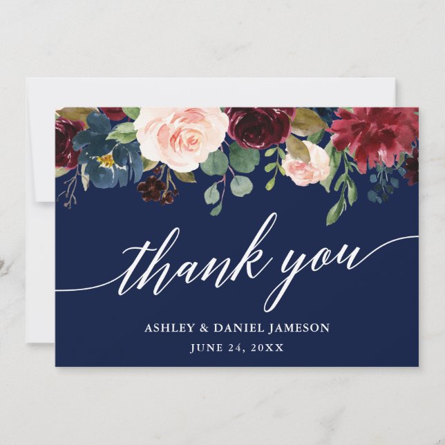 Carte De Remerciements Mariage Calligraphie l Bourgogne Floral Bleu (Devant)