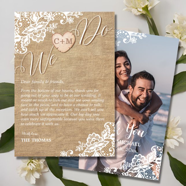 Carte De Remerciements Mariage campagnard Rustique Burlap Et Dentelle (Créateur téléchargé)