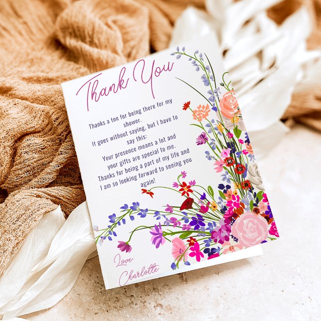Carte De Remerciements Mariage champêtre chic moderne avec fleurs sauvage (Modern chic wild flowers script bridal shower thank you card)