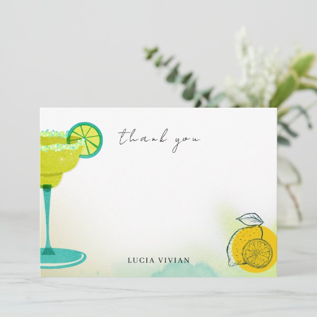 Carte De Remerciements Mariage Champêtre Fleur d'Eau Verte Citron Vert (Debout devant)