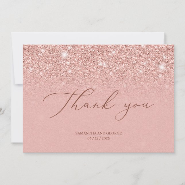 Carte De Remerciements Mariage chic glamour or rose pailleté scintille (Devant)