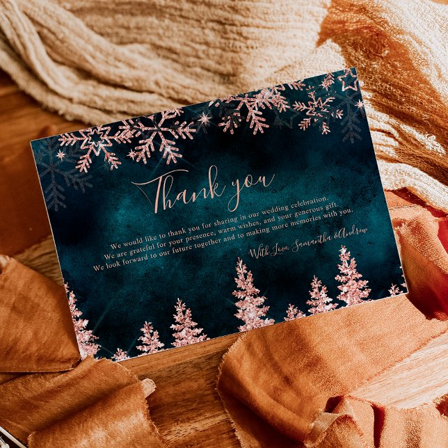 Carte De Remerciements Mariage chic sarcelle rose gold hiver pin neige (Chic teal Winter rose gold snow pine wedding Thank You Card)