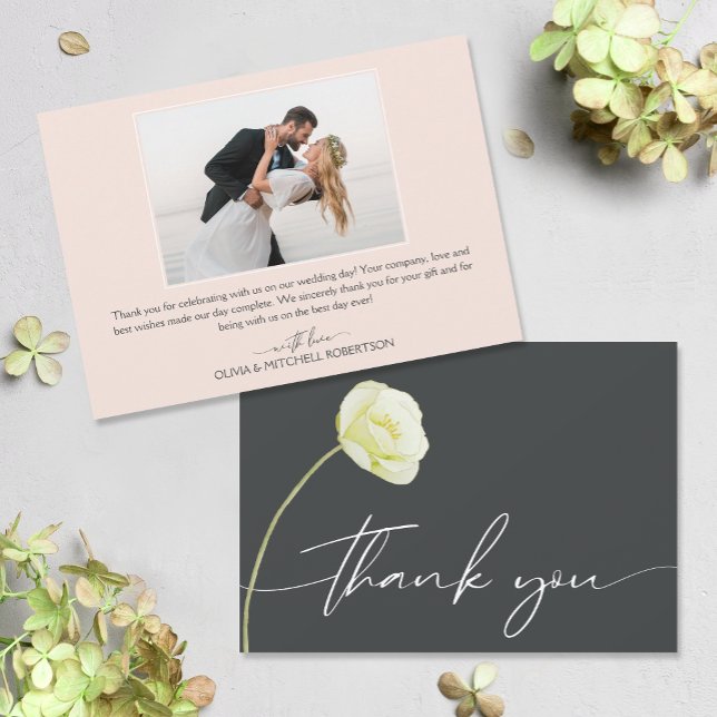 Carte De Remerciements Mariage Chic Watercolor (Watercolor flower on front, your photo and message on the back of flat wedding thank you cards)