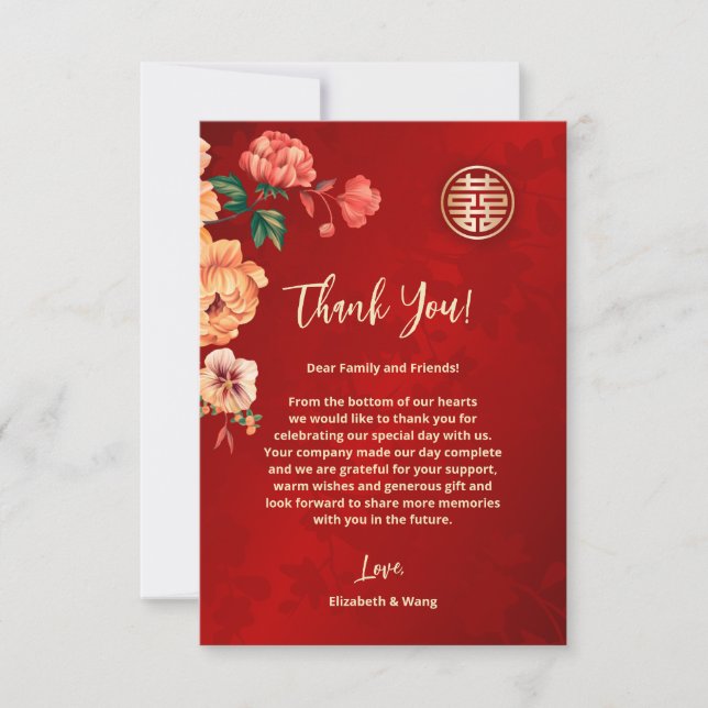 Carte De Remerciements Mariage chinois de Peony Red (Devant)