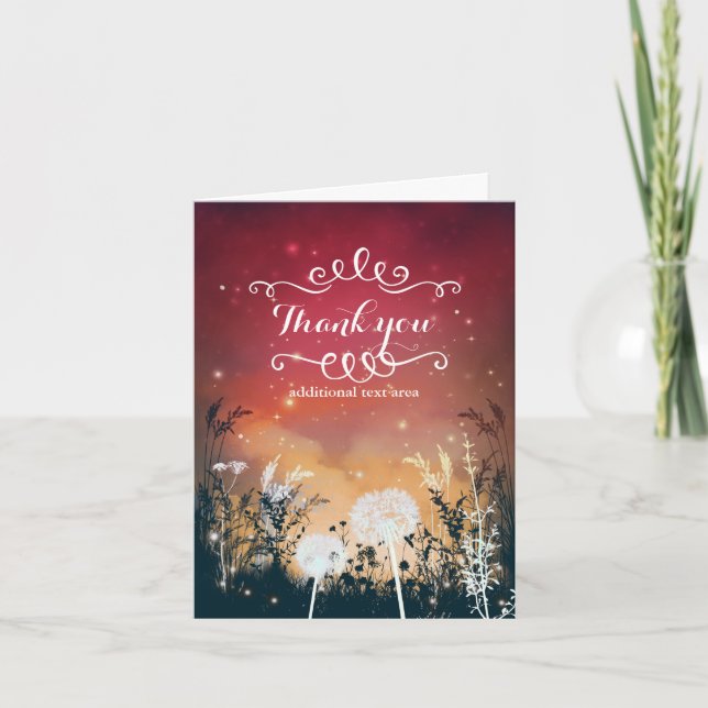 Carte De Remerciements Mariage Ciel de Soirée Rouge Enchanté Étoiles & Fe (Devant)