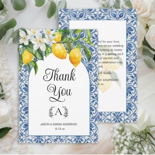 Carte De Remerciements Mariage Citrons Monogramme Blanc Bleu Méditerranée