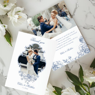Carte De Remerciements Mariage Classique Élégant Cadre Floral Bleu Poussi