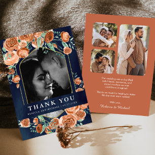Carte De Remerciements Mariage Collage Photo Bleu Nuit Floral Terracotta