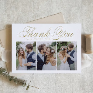 Carte De Remerciements Mariage Collage Photo Trois Écriture Dorée