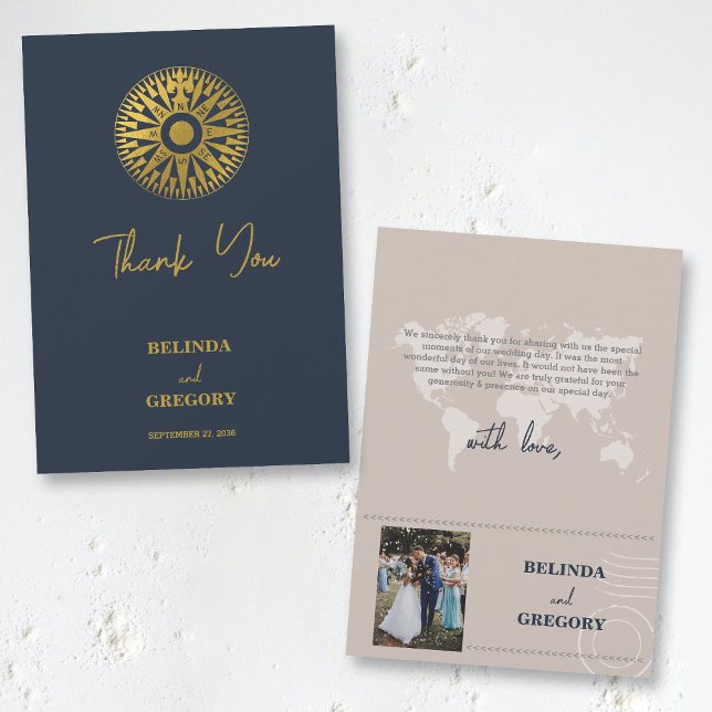 Carte De Remerciements Mariage Compass de passeport de mariage de destina (Destination Wedding Passport Compass Wedding Thank You Card)