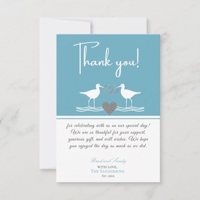 Carte De Remerciements Mariage côtier nautique Bleu Dusty Sandpipers (Devant)