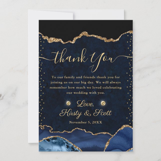 Carte De Remerciements Mariage d'agate de Parties scintillant Blue et Gol (Devant)