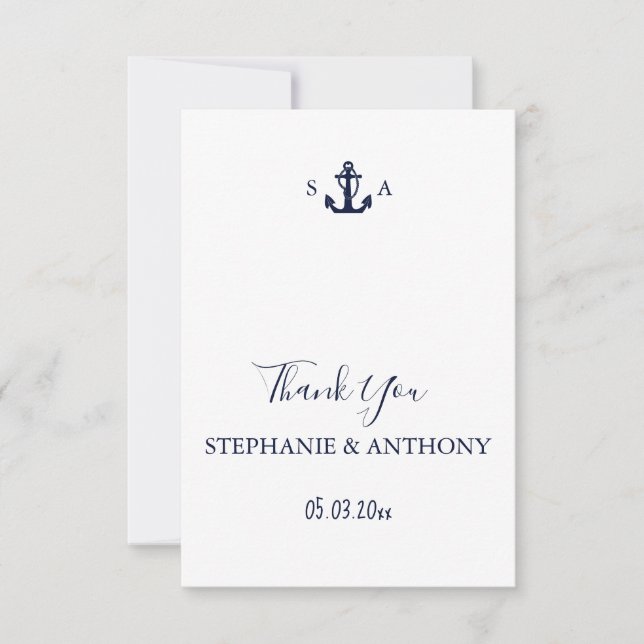 Carte De Remerciements Mariage d'Ancre bleu marine Monogram (Devant)