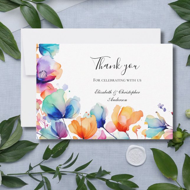 Carte De Remerciements Mariage d'aquarelle bleu-bleu-orange brillant (Bright Floral Blue Orange Purple Watercolor Wedding Thank you card)