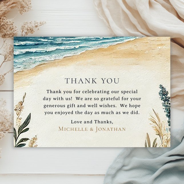 Carte De Remerciements Mariage d'aquarelle Coastal Chic Beach (Front - Coastal Chic Beach Watercolor Wedding Thank You Card)