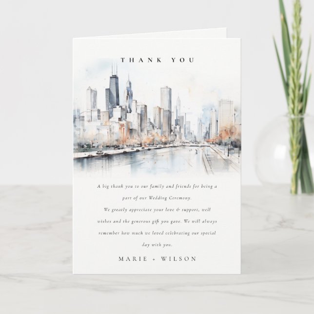 Carte De Remerciements Mariage d'aquarelle de Chicago, Illinois City Scap (Devant)
