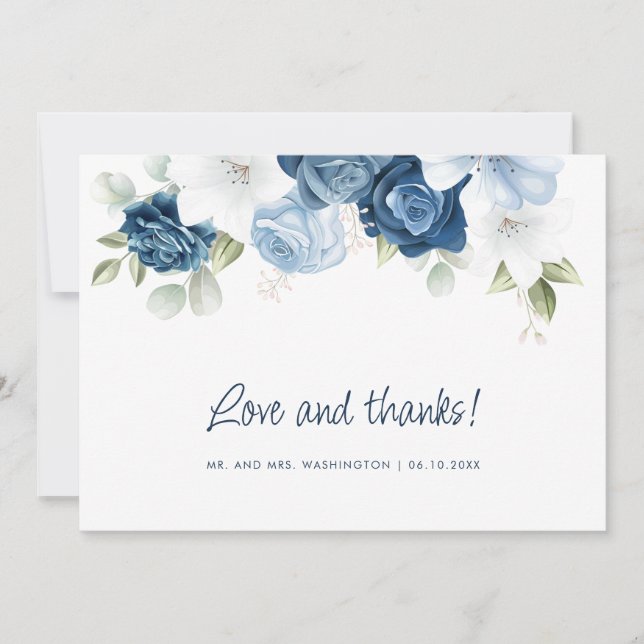 Carte De Remerciements Mariage d'aquarelle de la flore bleu-poussiéreux (Devant)