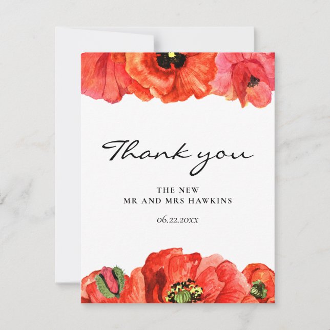 Carte De Remerciements Mariage d'aquarelle de pavois rouges (Devant)