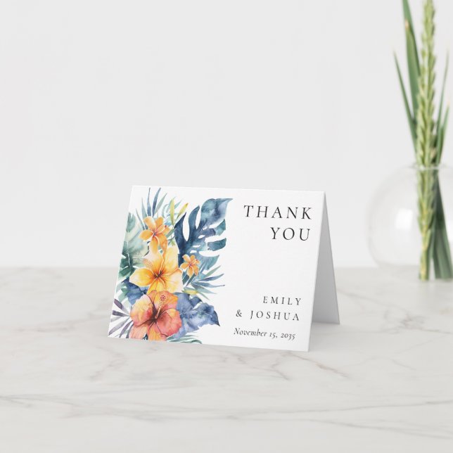 Carte De Remerciements Mariage d'aquarelle d'été florale tropicale (Devant)
