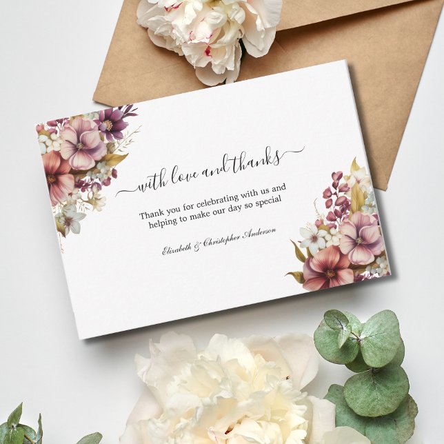 Carte De Remerciements Mariage d'aquarelle fleur sauvage Rose violet (Watercolor wildflowers in shades of purple and rose Wedding Thank you cards)