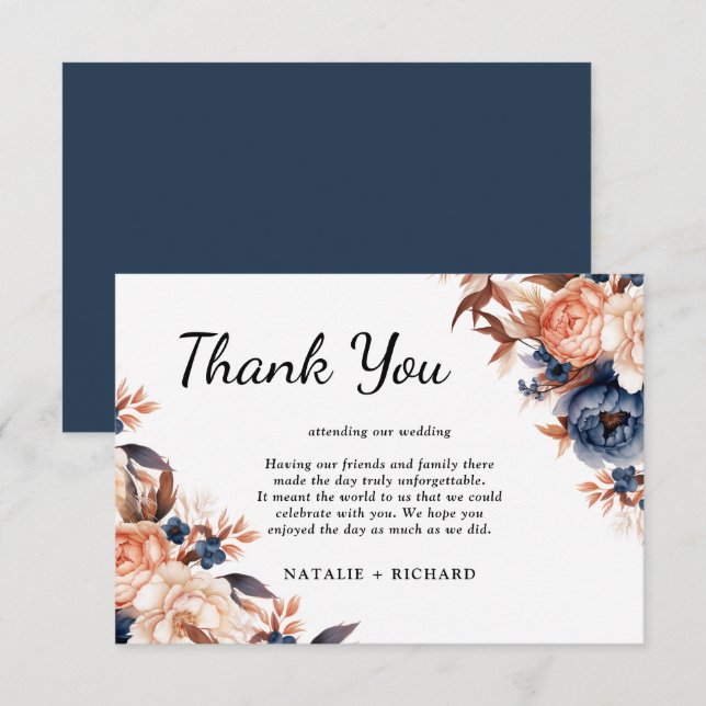 Carte De Remerciements Mariage d'aquarelle fleurie bleu et terre cuite (Devant / Derrière)