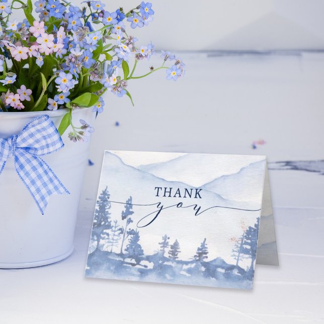 Carte De Remerciements Mariage d'aquarelle Rustic Blue Mountain (Harness the balance of elegance & heartfelt appreciation with our Blue Mountain Watercolor Thank You)