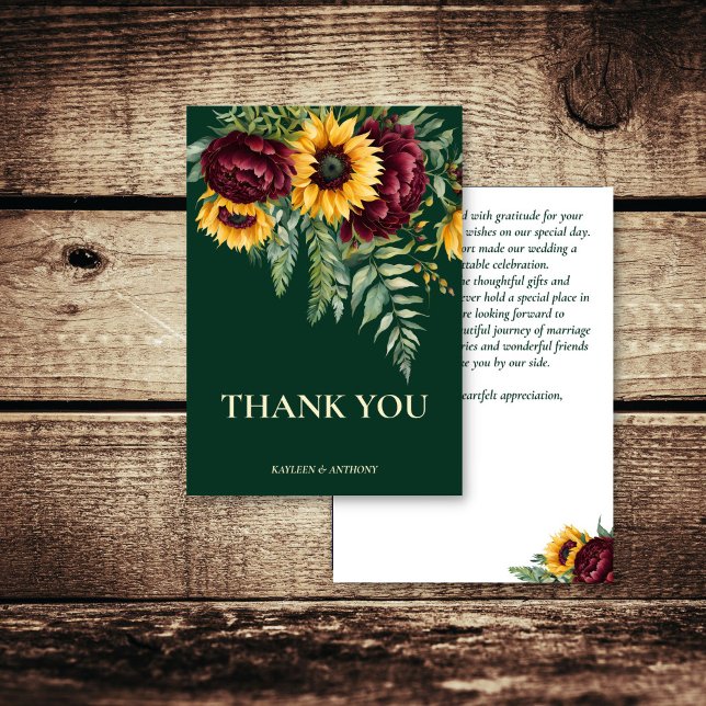 Carte De Remerciements Mariage d'automne vert rustique tournesols (Fall summer wedding emerald green rustic sunflowers burgundy flowers thank you card )