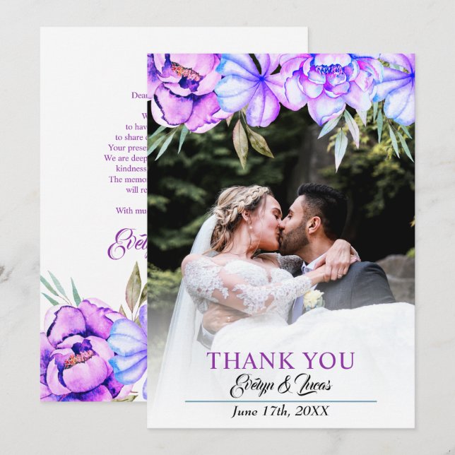 Carte De Remerciements Mariage de automne fleuri à l'aquarelle violette (Devant / Derrière)