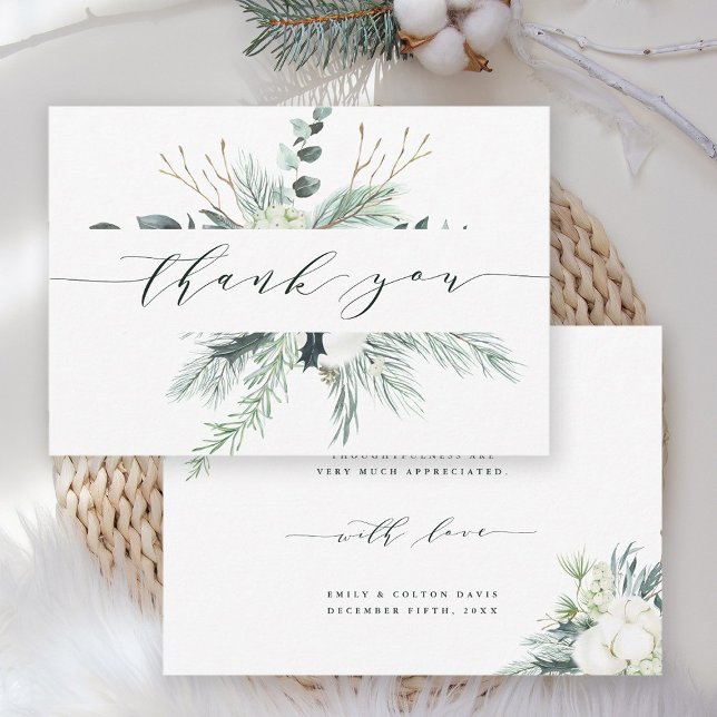 Carte De Remerciements Mariage de bouquet à feuillage persistant et de co (Front & Back)