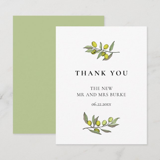 Carte De Remerciements Mariage de branche Olive moderne (Devant / Derrière)