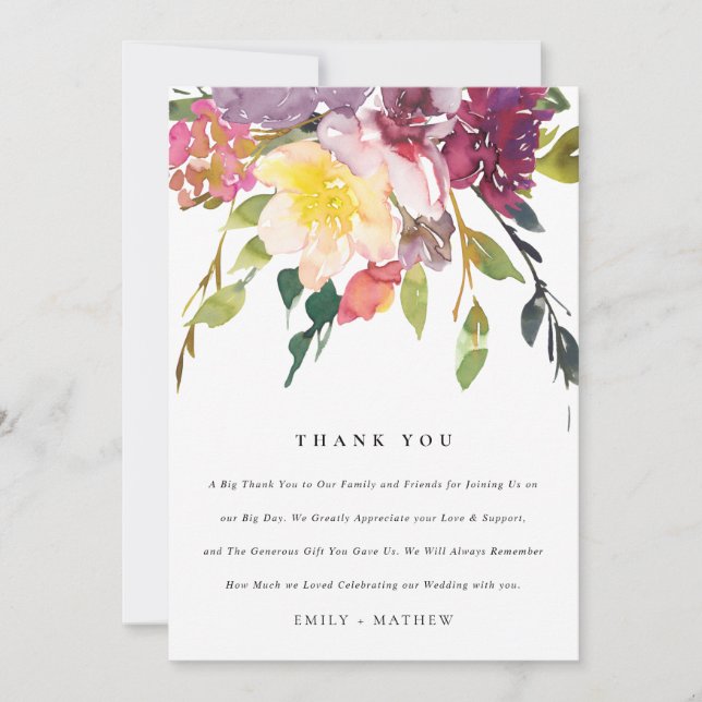 CARTE DE REMERCIEMENTS MARIAGE DE BUNCH FLORAL BURGUNDY JAUNE CLAIR (Devant)