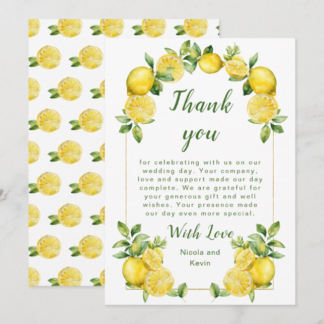 Carte De Remerciements Mariage de cadre vert citron italien (Devant / Derrière)