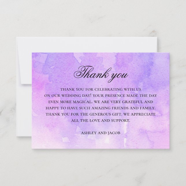 Carte De Remerciements Mariage de calligraphie d'aquarelle violet et lila (Devant)