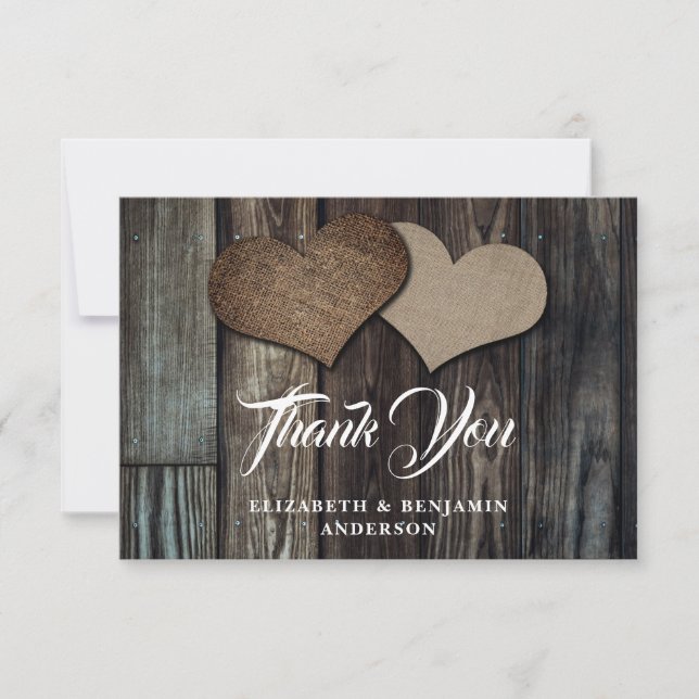 Carte De Remerciements Mariage de coeur de Burlap en bois rustique (Devant)