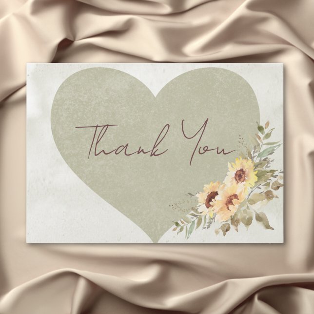 Carte De Remerciements Mariage de coeur Soft Sunflower Boho (Soft Sunflowers Boho Heart Wedding Thank You Card)
