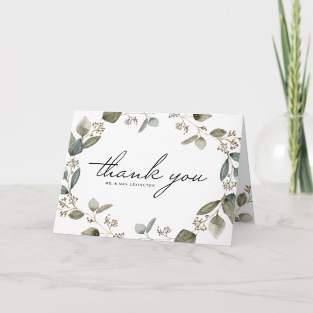 Carte De Remerciements Mariage de couronnes d'Eucalyptus à aquarelle (Devant)
