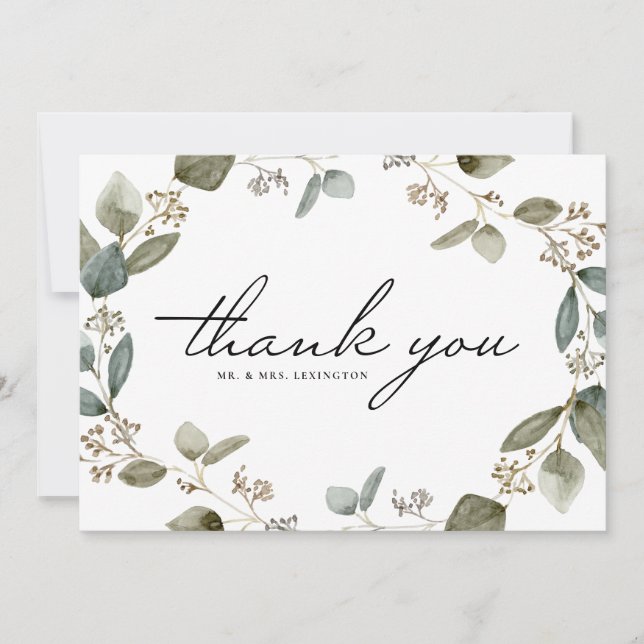 Carte De Remerciements Mariage de couronnes d'Eucalyptus à aquarelle (Devant)