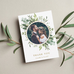 Carte De Remerciements Mariage de couronnes vertes en or botanique Photo