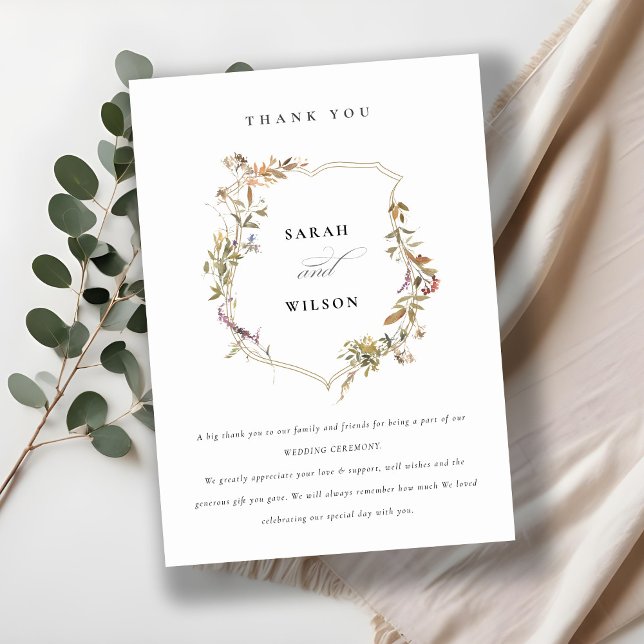 Carte De Remerciements Mariage de crête Fleur sauvage rose rose chic (Créateur téléchargé)